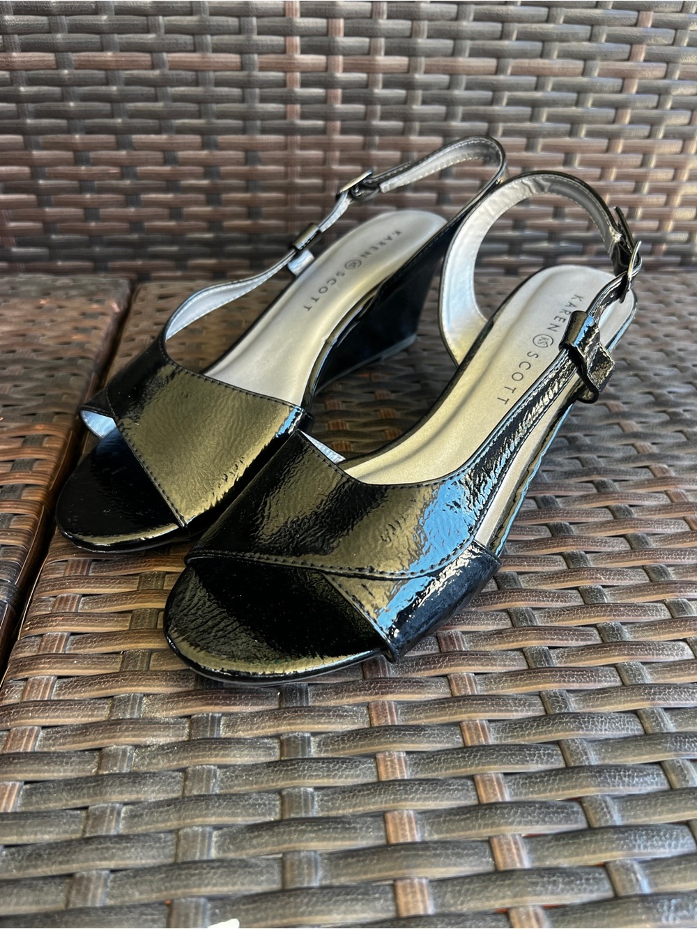 Karen Scott Black Patent Slingback Wedge Sandals